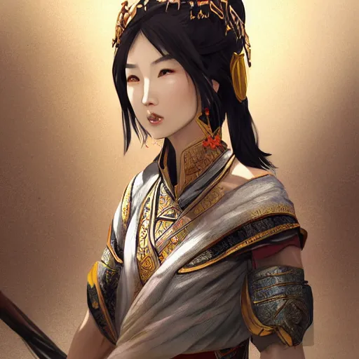 Prompt: ancient asian dynasty princess, three kingdom, dynasty warriors, cute face, standing in an oasis in the desert, 8 k beautiful, elegant, grafity, c 4 d, digital painting, smooth, concept art, in style of yoji shinkawa, pan ren wei, col price, atey ghailan, by greg rutkowski, aesthetic