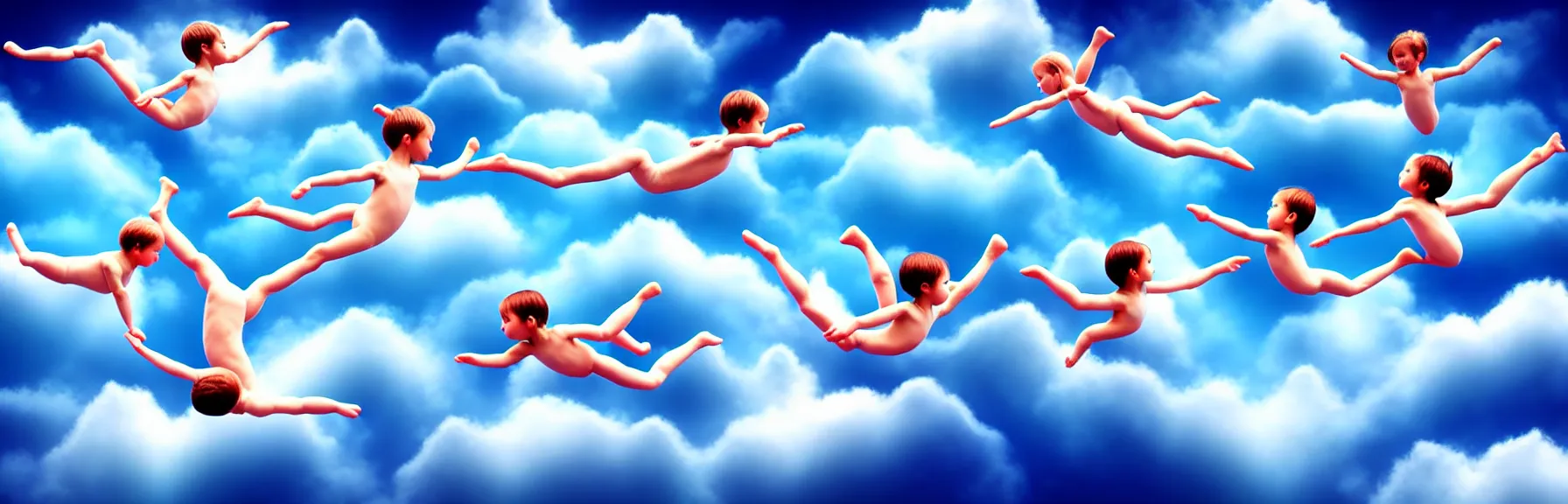 Image similar to multiple beautiful angels swimming in the cloud in acrobatic poses; dreamy sky, ultrarealistic, photorealistic, 8K