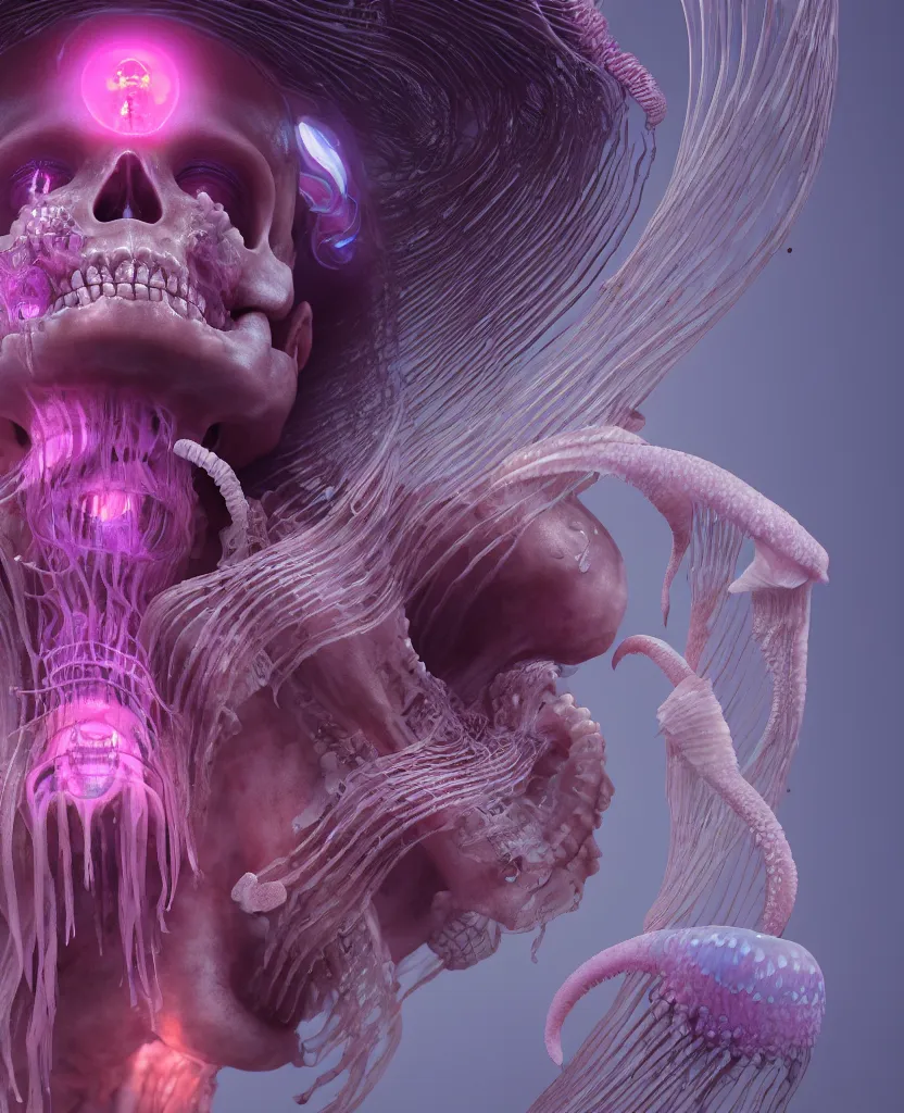 Image similar to goddess close-up portrait human skeleton, ram skull, jellyfish, orchid, betta fish, bioluminiscent, intricate artwork by Tooth Wu and wlop and beeple. octane render, trending on artstation, greg rutkowski very coherent symmetrical artwork. cinematic, hyper realism, high detail, octane render, 8k