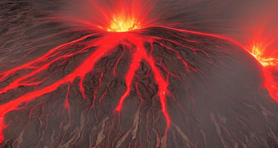Image similar to a volcano made of ivory vines and crimson rocks enters in eruption, it spits a smoke in the shape of demonic eye, with Octane