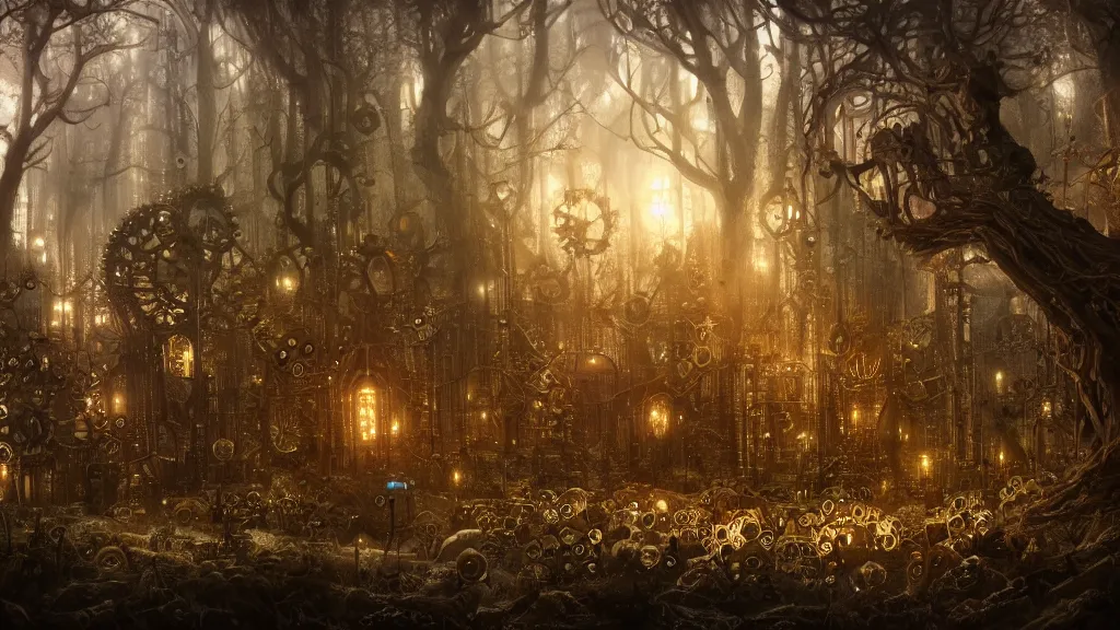 Prompt: a vast clockwork forest at night, steampunk machinery, automatons, trees made out of gears, magical mystical lighting, intricate matte painting, highly detailed oil painting, epic fantasy art, artstation, masterpiece, 8k