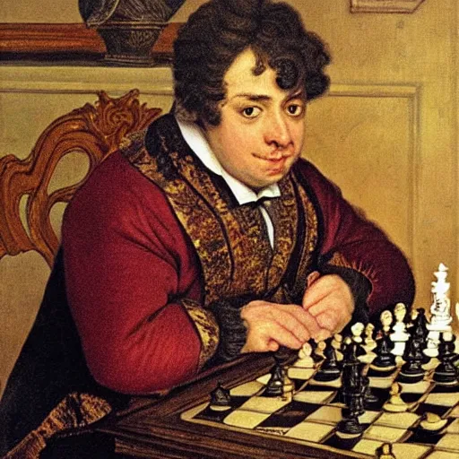 Prompt: robin wiiliams playing chess looking wise, rococo oil painting, highly detailed