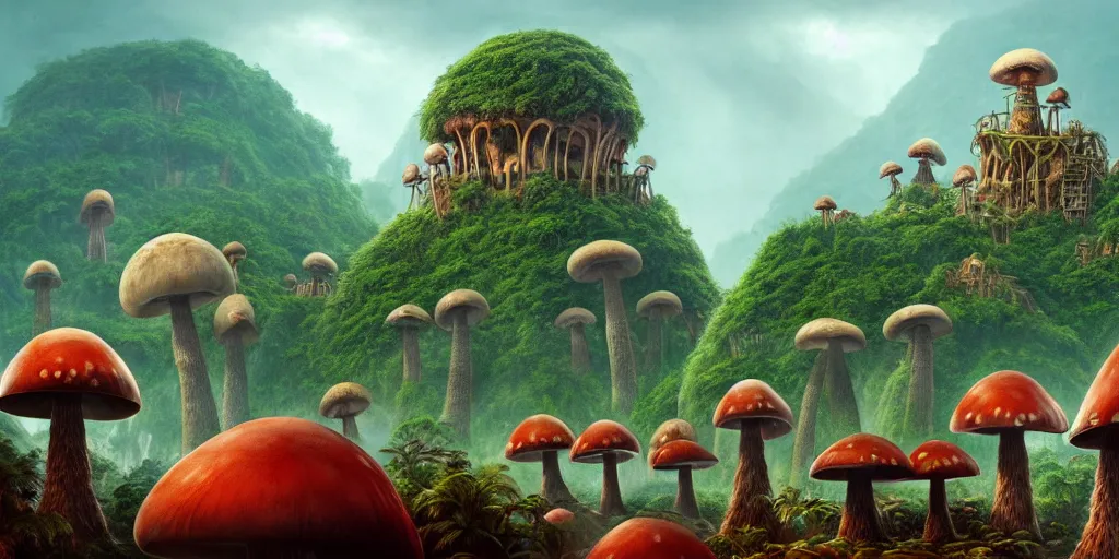 Image similar to a jungle village of ape - god worshippers and their giant mushroom dwellings, matte oil painting, retrofuturistic, science fantasy, salt, rust, polyps, mutant, lgbt, queer, rpg, epic, dungeons & dragons, sacred, sharp focus, award - winning, extremely detailed, 4 k, 8 k