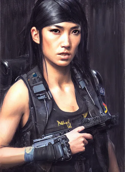 Image similar to Nikki tanaka. beautiful cyberpunk female USN marine wearing a military vest and punk clothing. (Cyberpunk 2077, bladerunner 2049). gorgeous face. Iranian orientalist portrait by john william waterhouse and Edwin Longsden Long and Theodore Ralli and Nasreddine Dinet, oil on canvas. Cinematic, hyper realism, realistic proportions, dramatic lighting, high detail 4k