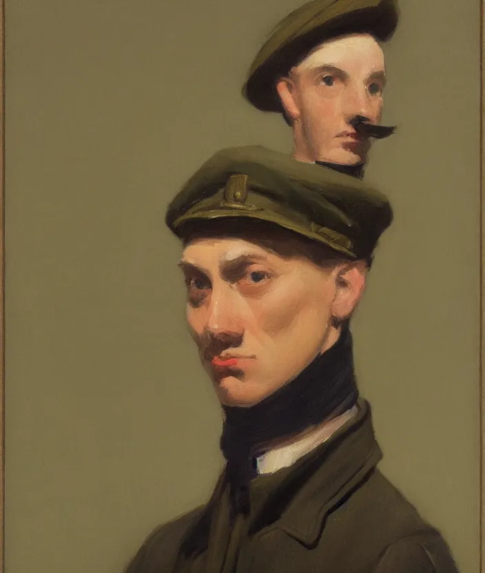Image similar to a very detailed portrait of a man, wearing an open military jacket, frontal view, in the style of edward hopper and oswald hornby joseph birley, very small brushstrokes, 4 k,