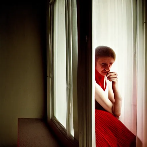 Image similar to woman wearing white and red looking outside the window in her bedroom at night, elegant, highly detailed, 8 k, photorealistic, photography, real picture, heavy grain, studio lighting, hdr, photographed by steve mccurry, annie leibovitz, henri cartier - bresson, robert capa, andreas gursky