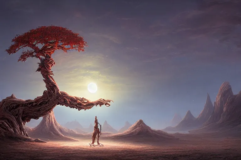 Prompt: cinematic fantasy landscape painting by jessica rossier, primordial and cosmic, desert valley of bones, an eclipse, over an autumn maple bonsai growing alone that is yggdrasil, on a desolate sand dune hr giger