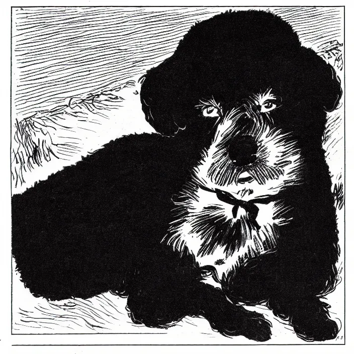 Prompt: a still frame from comic strip, a portrait of black fluffy furry sleeping dog 1 9 5 0, herluf bidstrup, new yorker illustration, monochrome bw, lineart, manga, tadanori yokoo, simplified,