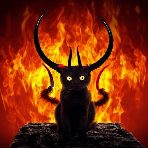 Prompt: evil cat with horns on its head sitting on a burning throne, the lord of hell, vast expanse of hell background, cat satan,