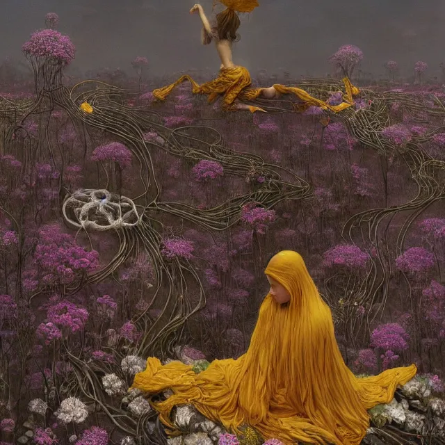 Image similar to A woman wearing clothes made out of thunder clouds and flowers, people floating in the sky, apocalypse, yellow skin, Masterpiece, glowing, wires everywhere, by Edgar Maxence and Ross Tran, Zdzisław Beksiński, and Michael Whelan, distant, gustav dore, H.R. Giger, 8k, octane render