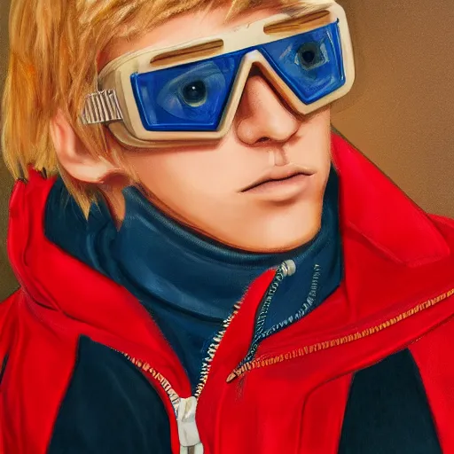 Image similar to a blonde teenager, goggles, red jacket, knife in his mouth, knife in right hand, knife in his left hand, photorealistic, hd, high details, detailed portrait