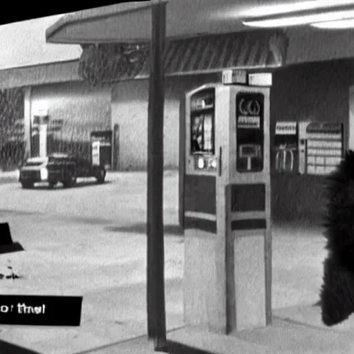 Prompt: CCTV footage of a werewolf at a gas station, night, grainy, unsolved mystery