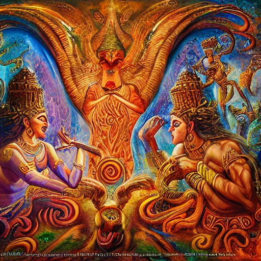 Prompt: disasterpiece mesmerizing sanctum of the most disturbing and beautiful truth, relief of Akkadian origin, in the style of Jeff Easley, Josephine Wall, Ken Kelly, – W 1024