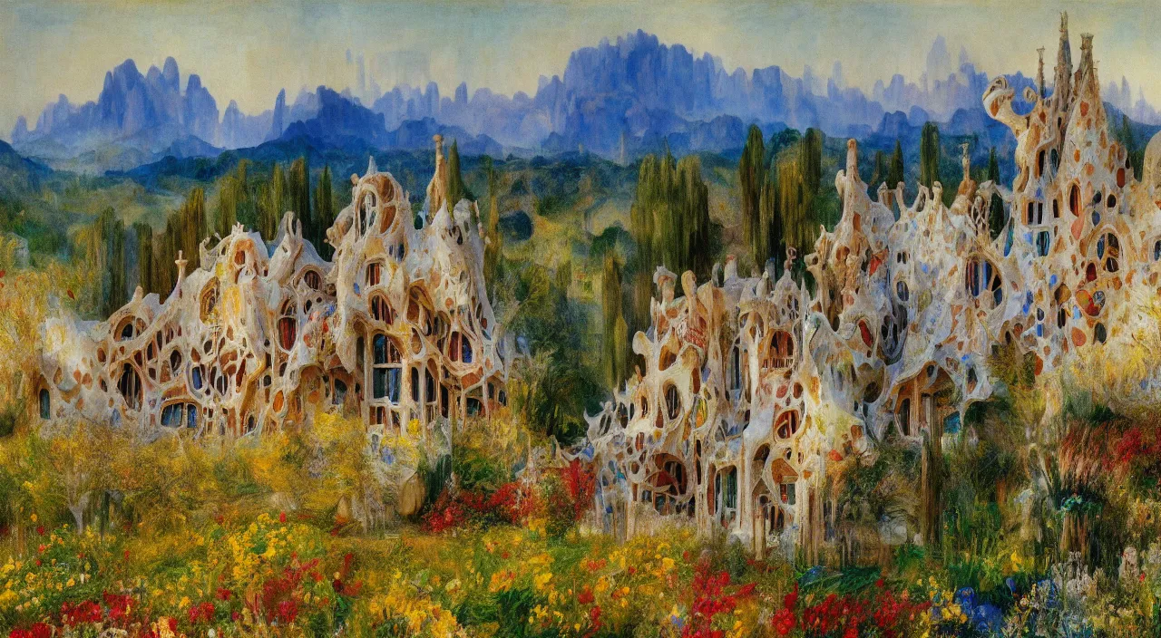 Prompt: a house designed by Antoni Gaudí, with flower fields as foreground, with mountains as background, by J. M. W. Turner