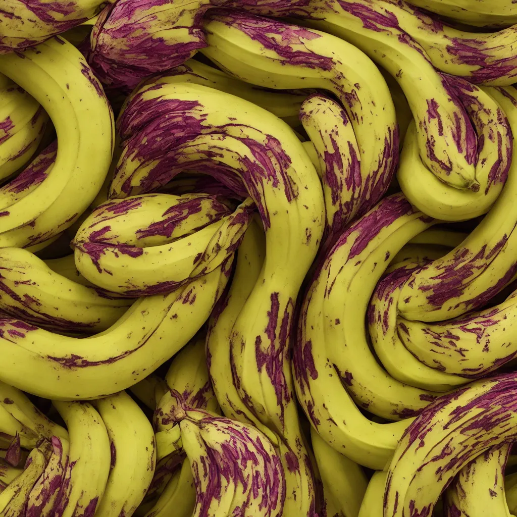 Image similar to very ripe looped bananas like a complex fractal, cracked, vegetable foliage, art nouveau fractal with petal shape, and stems, mesh roots, hyper real, food photography, high quality