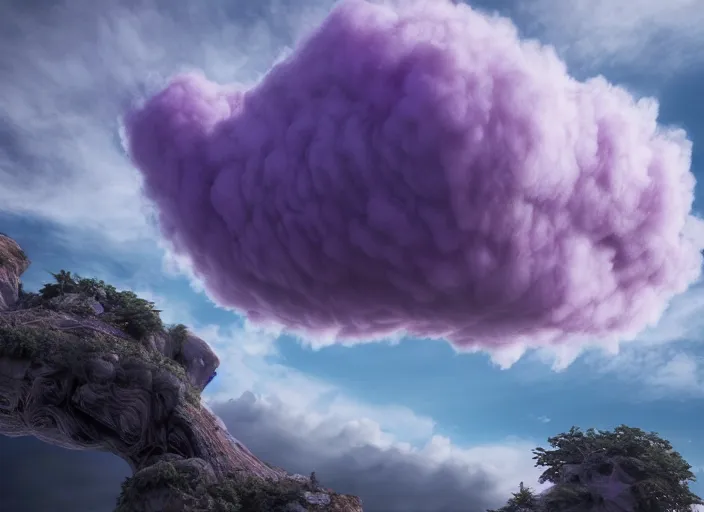 Image similar to hyperrealism, detailed textures, photorealistic 3 d render, a dreamy purple cloud of scape, sharp focus, ultra realistic, ultra high pixel detail, cinematic, intricate, cinematic light, concept art, illustration, art station, unreal engine 8 k