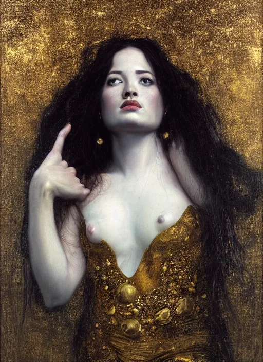 Image similar to highly detailed oil painting | very intricate | cinematic lighting | black, white and gold color scheme, dark background | a woman in lake ; water spirit ; slavic mythology | by roberto ferri, by gustav moreau, by singer sargent and gustav klimt, american romanticism, occult art | by austin osman spare, artstation, cgsociety, official art, octane