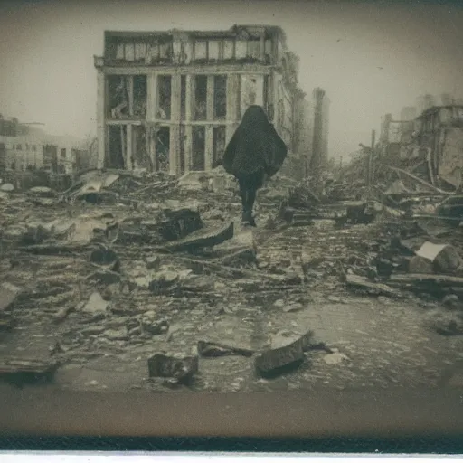 Image similar to old polaroid of a big weird creature walking on a destroyed city, rain, dark sky