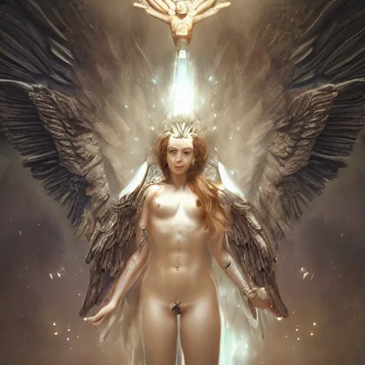 Image similar to the angel metatron apprehending the fallen angels, photorealistic, 8k, trending on artstation, by wlop