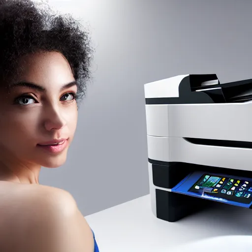 Prompt: a woman surrounded by printers, photorealistic, studio lighting, white ambient background, highly detailed