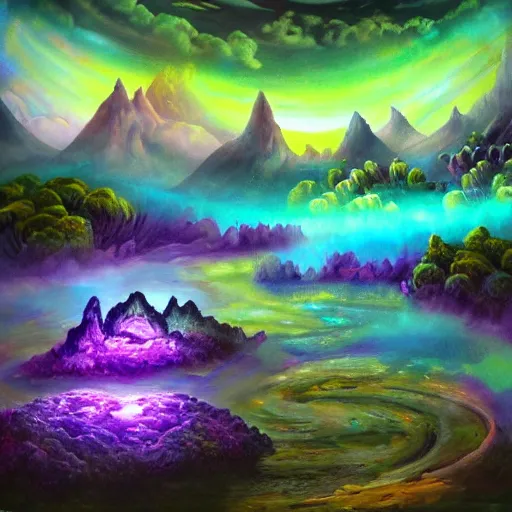 Prompt: strange alien landscape with unusual trees and luminescent flowers with glowing pond and blue and purple mountains detailed artistic airbrush painting