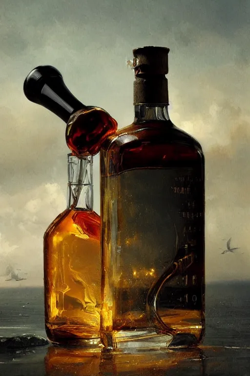Prompt: imagine a ship in a bottle but instead of a ship jack black is in the bottle, jack black, fancy whiskey bottle, masterpiece painting by greg rutkowski