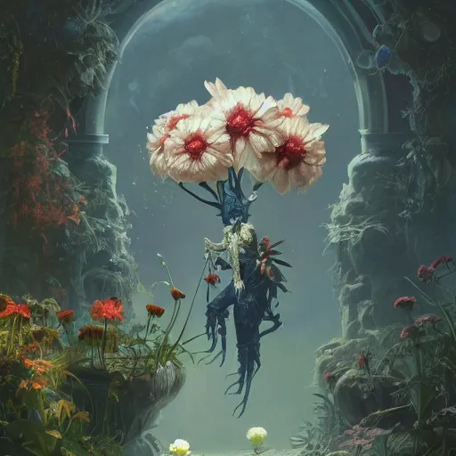 Prompt: exquisite flowers, imaginative alien creature poster art, humanoid, anthro, botanical illustration 8 k, octane render by lucusfilm weta studio tom bagshaw james jean frank frazetta, james gurney martine johanna and simon stalenhag and chie yoshii and casey weldon