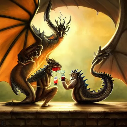 Image similar to a dward and a dragon drinking a beer, fantasy art, anime