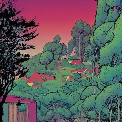 Prompt: polygon, ligne claire art of a sparse village intertwined with nature, by Moebius, bright colors, Eisner award-winning spread