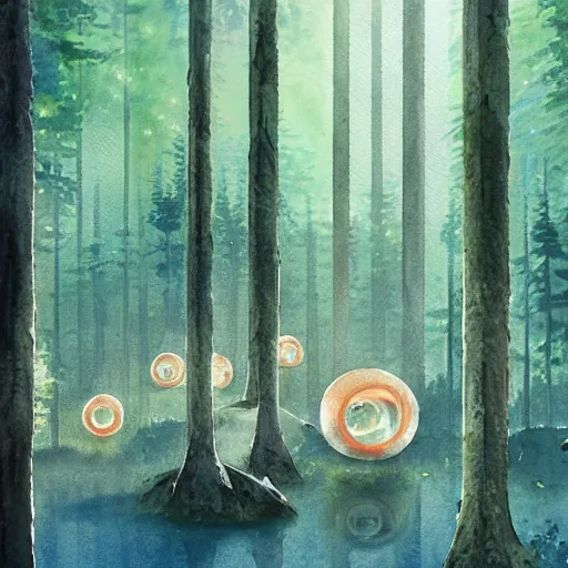 Image similar to beautiful happy picturesque charming organic futuristic sci - fi town of pod homes integrated in a forest area. water and trees. beautiful light. grainy and rough. soft colour scheme. beautiful artistic detailed watercolor by lurid. ( 2 0 2 2 )