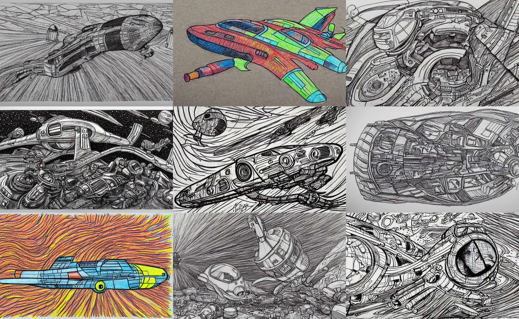 Prompt: intricately detailed crayon drawing with thick lines, retro spaceship crash landed on an alien landscape