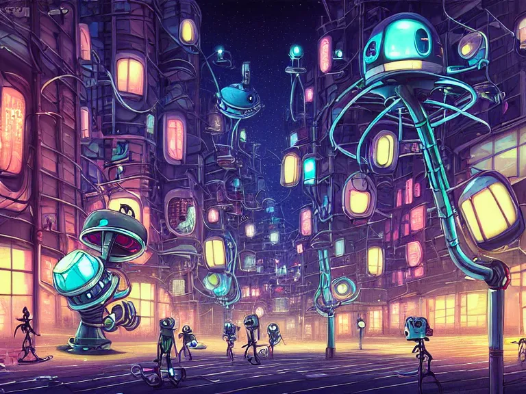 Image similar to street view of futuristic machinarium tokyo at night by cyril rolando and naomi okubo and dan mumford and ricardo bofill. robots. robots walking the streets. advertisements for robots. robotic elegant lamps