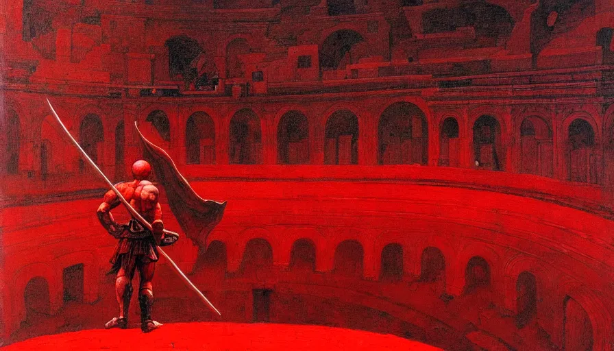 Image similar to only with red, a red gladiator in a crowded roman amphitheatre, crowd cheers him, in the style of beksinski and edward hopper and rodcenko and yue minjun, intricate and epic composition, red by caravaggio, highly detailed, masterpiece, red light, artstation