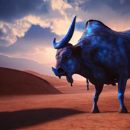 Prompt: closeup of a cowboy riding a giant blue bull in the desert, atmospheric, dramatic sky, digital art, illustration, fine details, cinematic, highly detailed, octane render, unreal engine, concept art, artstation