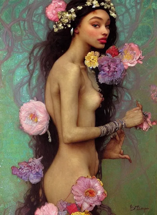 Image similar to a realistic oil painting of a beautiful young woman resembling winnie harlow, flowing robes, silk dress, peonies, crystal encrustations, underwater, fantasy art, by mucha, by bouguereau, intricate, colorful