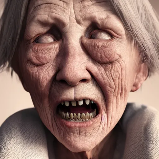 Prompt: very old woman portrait, no teeths, many wrinkles, 8 k, photorealistic, octane render, award winning photography, lovecraft style, horror atmosphere, cinematic, hyper realism,