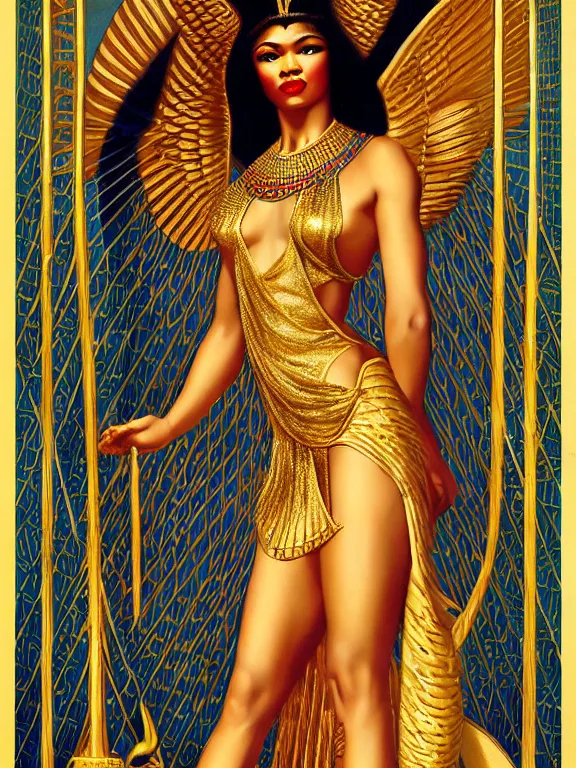 Prompt: zendaya as the Egyptian goddess isis the lady of the fertile Nile, a beautiful art nouveau portrait by Gil elvgren, Nile river environment pyramids water garden , centered composition, defined features, golden ratio, gold jewelry