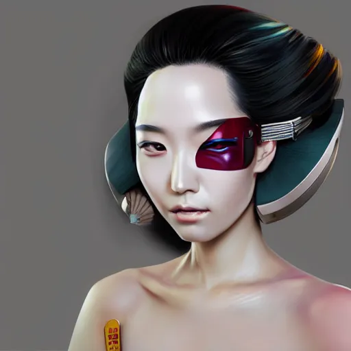 Image similar to portrait of beautiful japan cyberpunk geisha, by artgerm, nick silva, ja mong, greg rutkowsky, digital, soft painting, photorealism, skin reflections