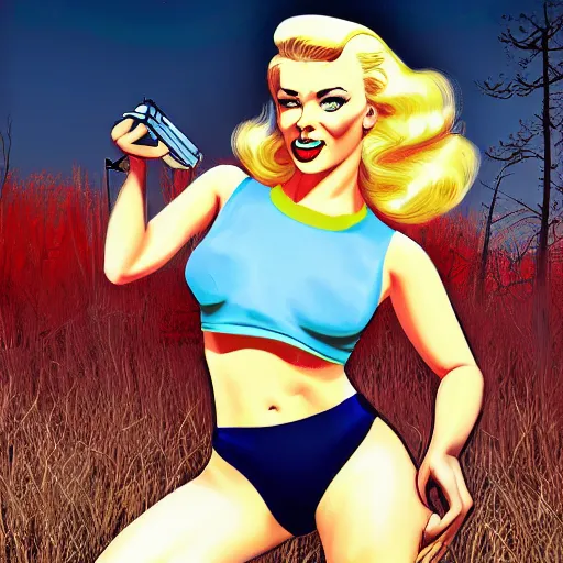 Prompt: nuclear age blonde pinup in the style of Fallout 4, 3D game art