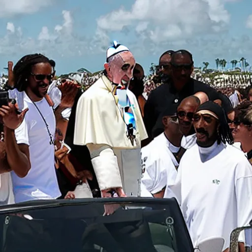 Prompt: pope francis with snoop Dogg riding motorcycles on Miami beach