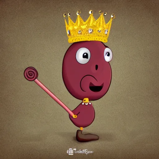 Image similar to kidney bean holding a staff, wearing crown, cartoon character, digital art, fun,