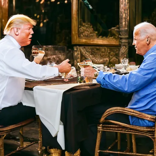 Image similar to Trump and Biden having dinner at a fancy Balinese restaurant, award winning photography, 85mm, perfect faces