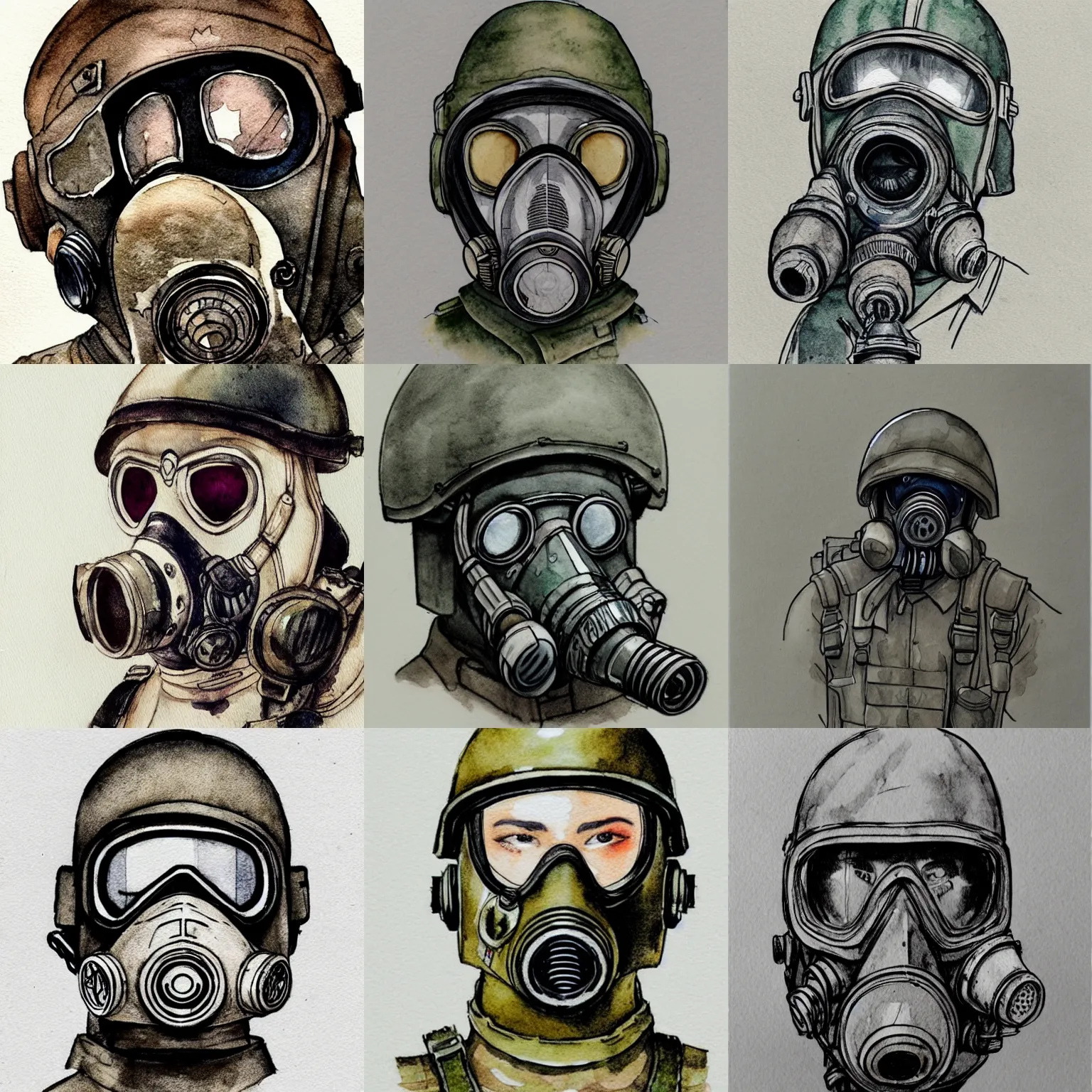 Prompt: beautiful aesthetic inspirational masterful professional ink pen and watercolor sketch of a soldier in gas mask, ultra detailed, fine details, trending on artstation, high quality paper