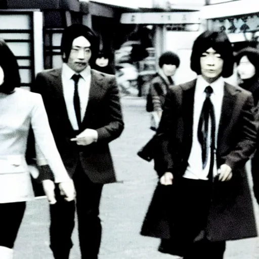 Image similar to 1 9 7 0 s, black and white japanese tv show, ph, mechanical monsters walking the streets of shinjuku