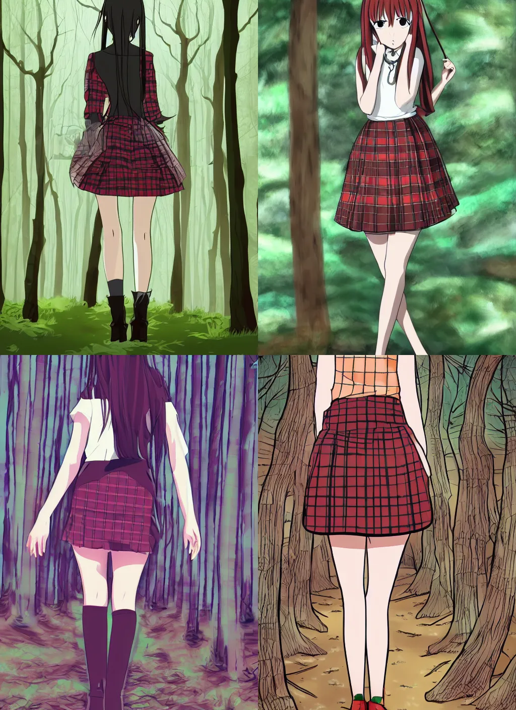 Prompt: woman in plaid miniskirt standing in a dark forest, anime style