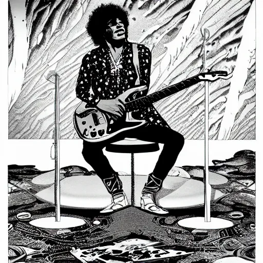 Image similar to artwork by Moebius showing Jimi Hendrix sitting on the rings of Saturn playing his electric guitar