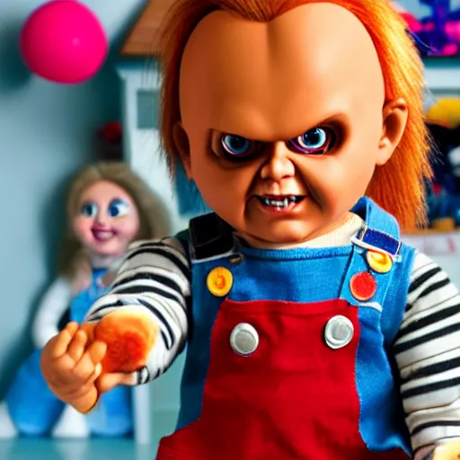 Image similar to Chucky the killer doll in a play room full of toys