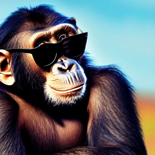 Prompt: high quality 8 k landscape movie still of a smiling and arrogantly wise looking chimpanzee wearing cool dark sunglasses looking down, highly detailed, cinematic composition, cinematic lighting, 1 9 8 0 s retro hippie vintage hipster art