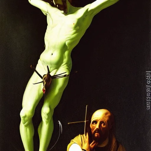 Image similar to a futuristic crucifixion of a green alien messie, great sadness, painting, style of caravaggio