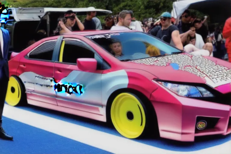 Prompt: mark Zuckerberg and his anime wrapped honda civic at a car show